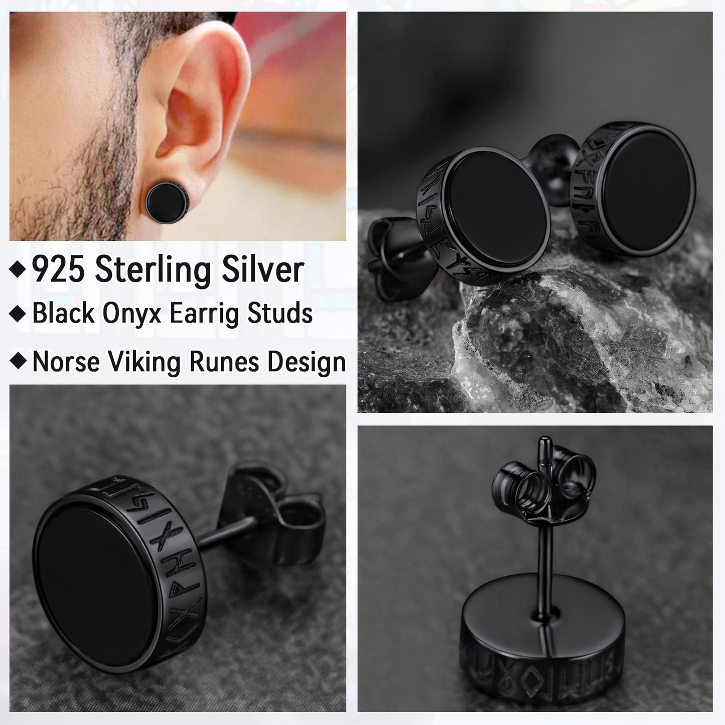 FaithHeart Sterling Silver Viking Runes Earrings for Men Women Black Onyx Stud Earrings Norse Mythology Amulet Jewelry with Gift Box