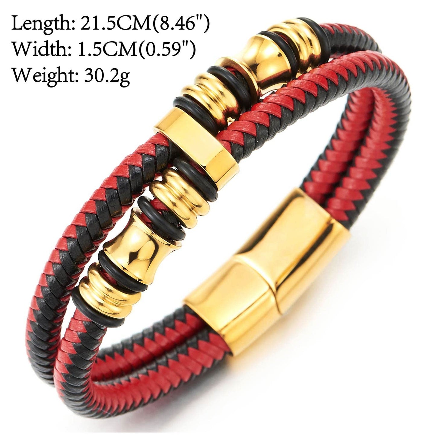 COOLSTEELANDBEYOND Mens Double-Row Braided Leather Bracelet Bangle Wristband with Stainless Steel Ornaments