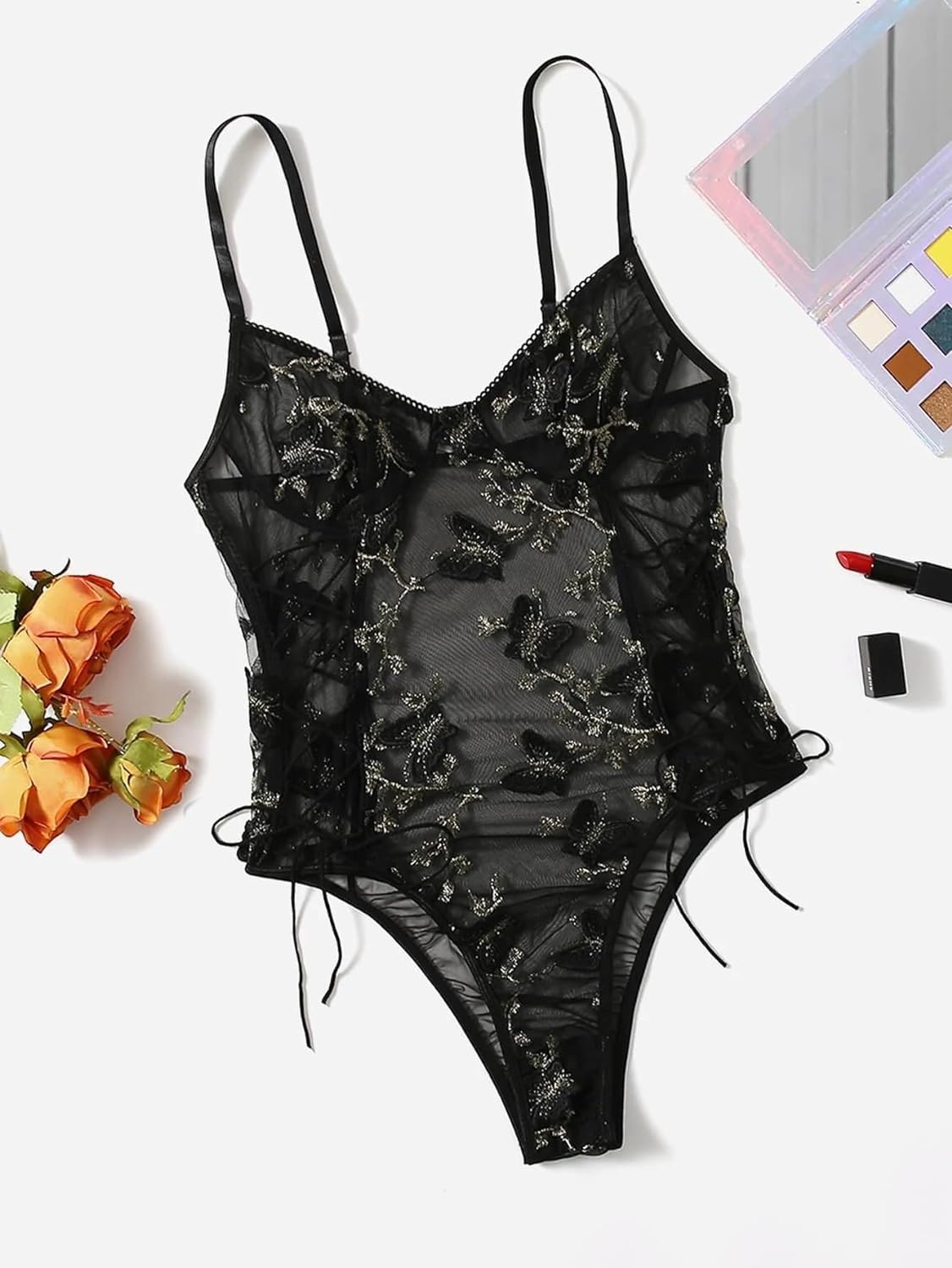 Lilosy Women Sexy Lace Up Floral Embroidered Teddy Lingerie Bodysuit Top Mesh Sheer One Piece