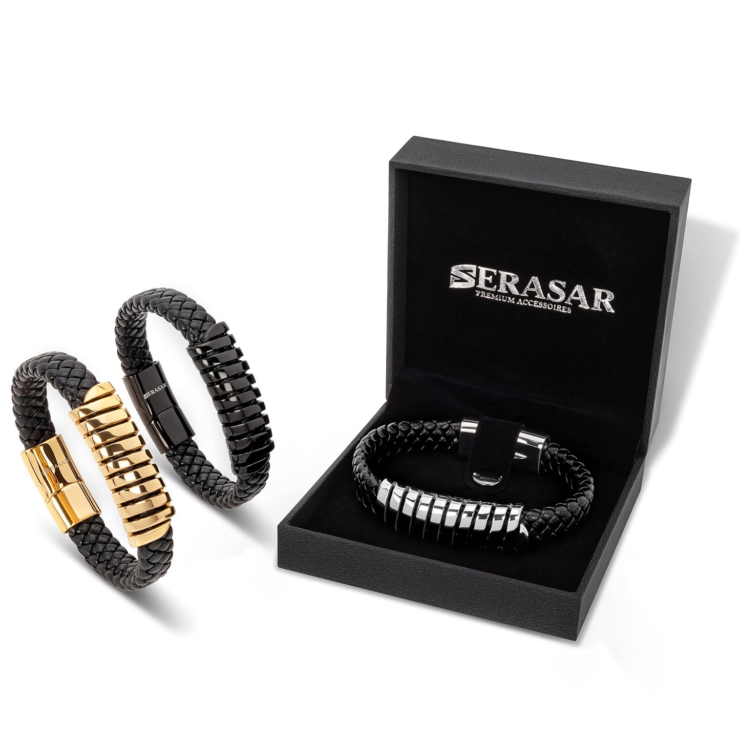 SERASAR Premium Leather Bracelet Men | Stainless Steel Magnetic Clasp | Three Colors | Jewelry Box Included