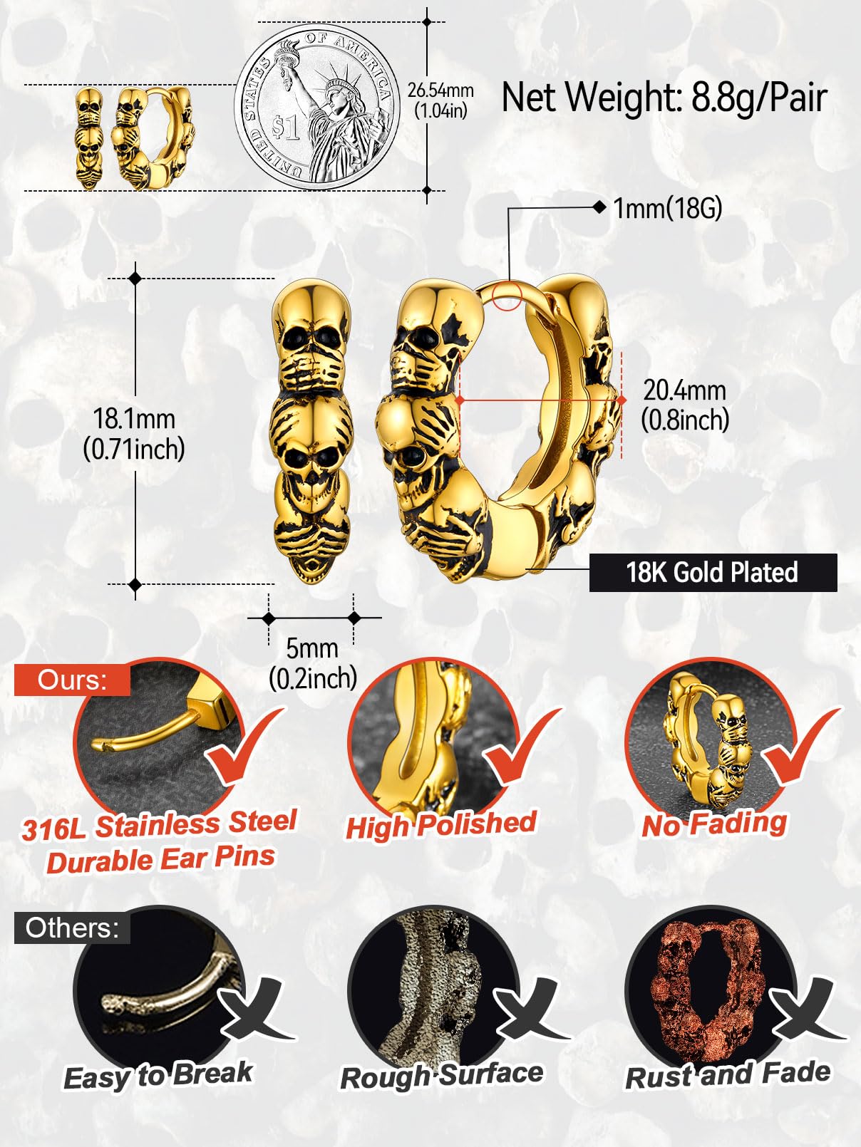 FaithHeart Punk Skull Earrings Stainless Steel/18K Gold Plated Gothic Skeleton Stud/Hoop Earrings for Women Man with Gift Packaging