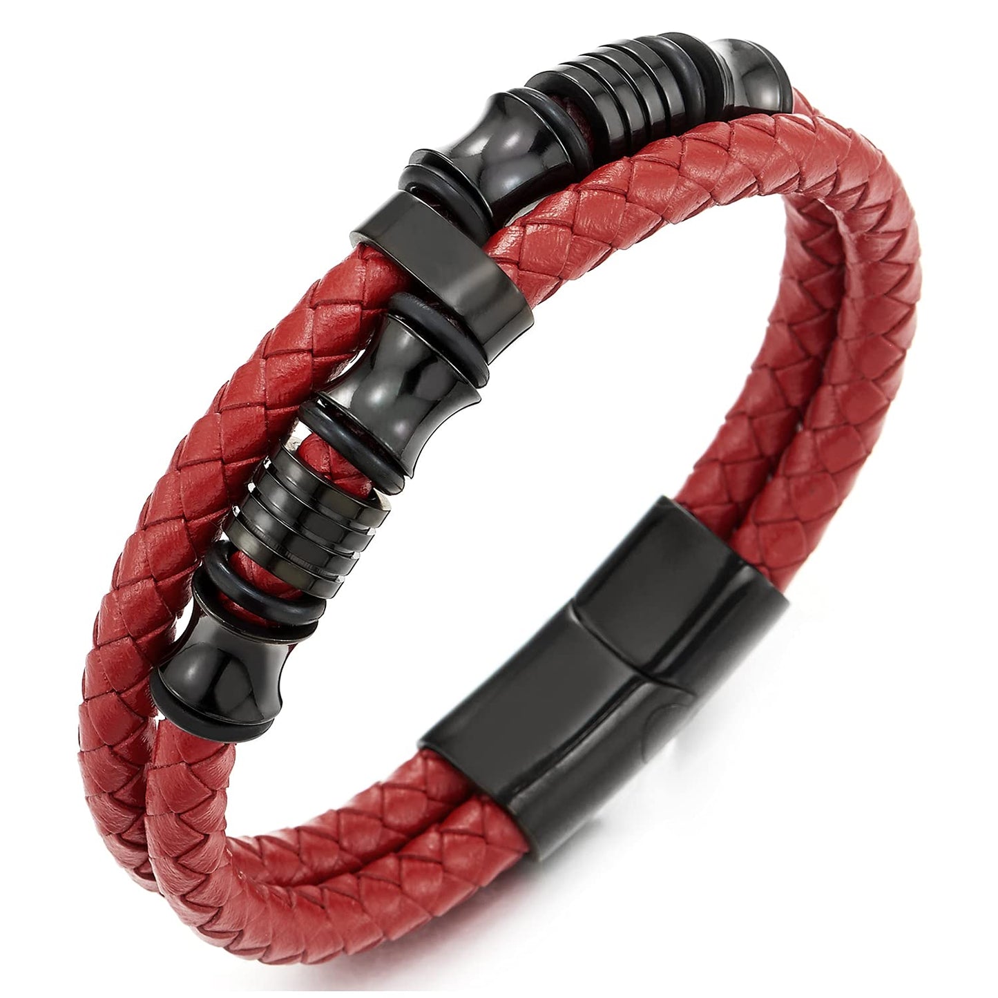 COOLSTEELANDBEYOND Mens Double-Row Braided Leather Bracelet Bangle Wristband with Stainless Steel Ornaments