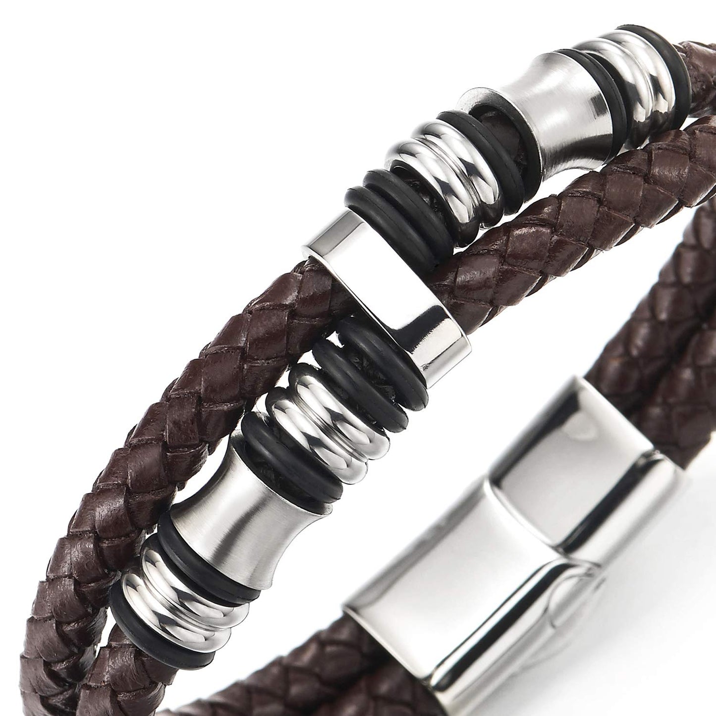 COOLSTEELANDBEYOND Mens Double-Row Braided Leather Bracelet Bangle Wristband with Stainless Steel Ornaments