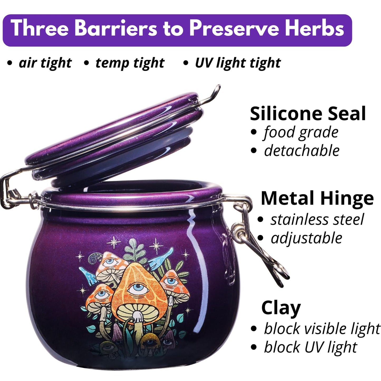 Herbs Stash Jar - Witchy Storage Jar, Smell Proof Stash Container Cute Mushroom Pottery Jar, Cauldron Stash Canister with Airtight Lid, Decorative Jar for Wicca Moon Magick Altar Easter Gifts Ideas