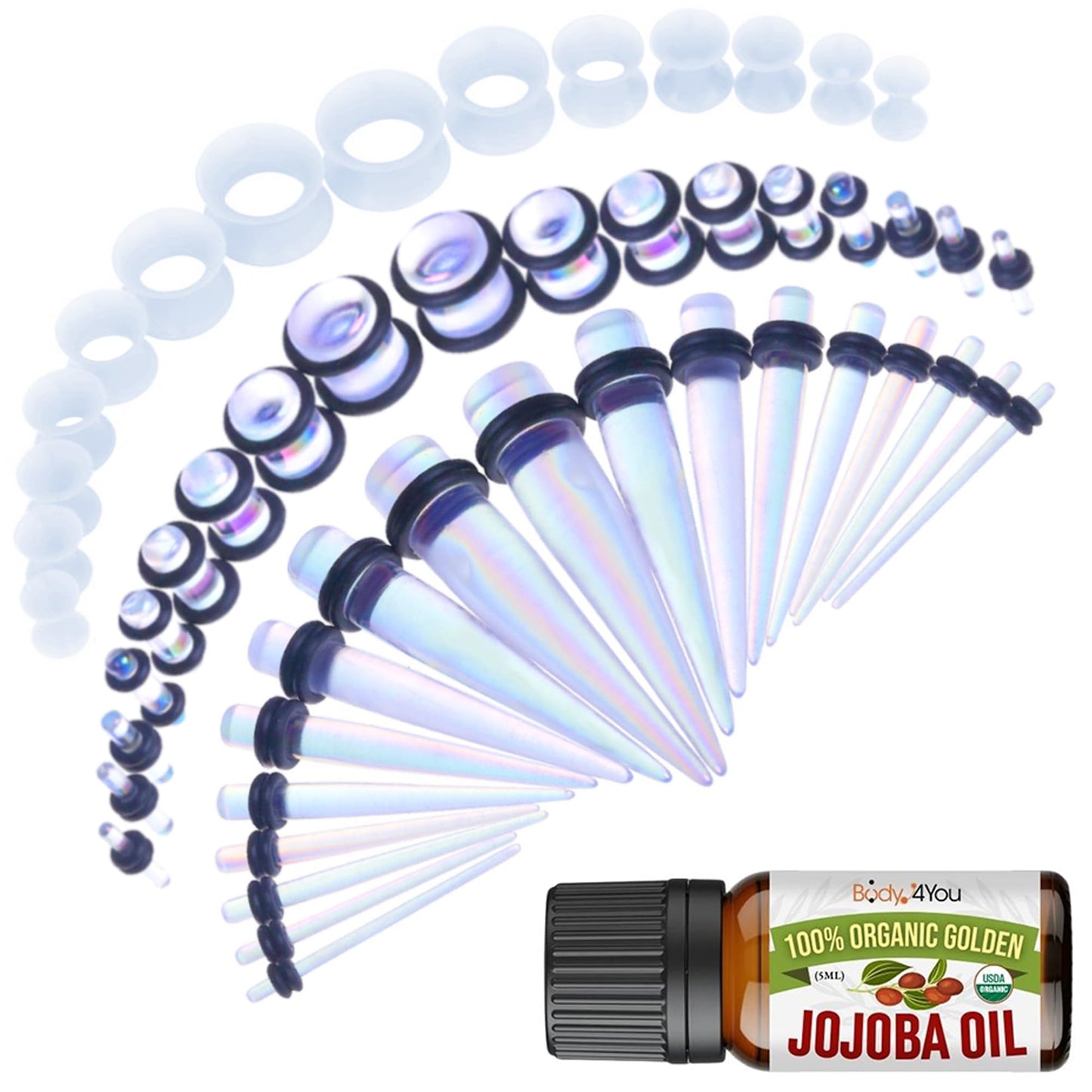 BodyJ4You 54PC Ear Stretching Kit 14G-12mm - Aftercare Jojoba Oil - Acrylic Plugs Gauge Tapers Silicone Tunnels - Lightweight Expanders Men Women