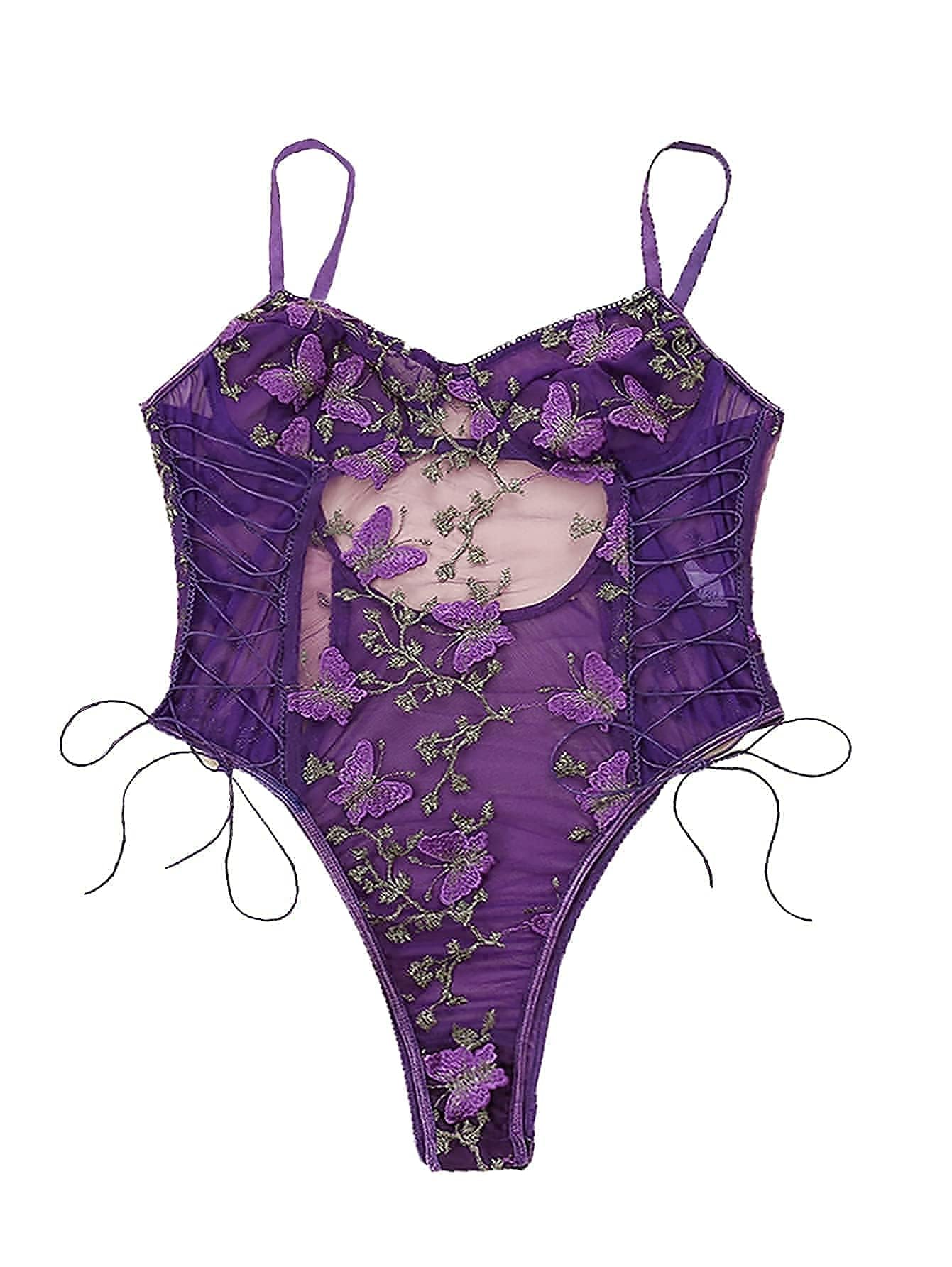 Lilosy Women Sexy Lace Up Floral Embroidered Teddy Lingerie Bodysuit Top Mesh Sheer One Piece