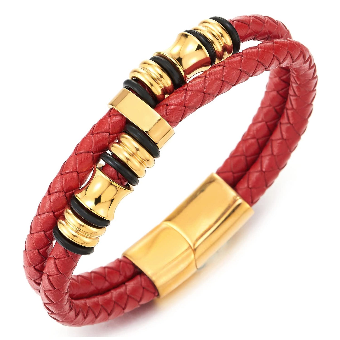 COOLSTEELANDBEYOND Mens Double-Row Braided Leather Bracelet Bangle Wristband with Stainless Steel Ornaments