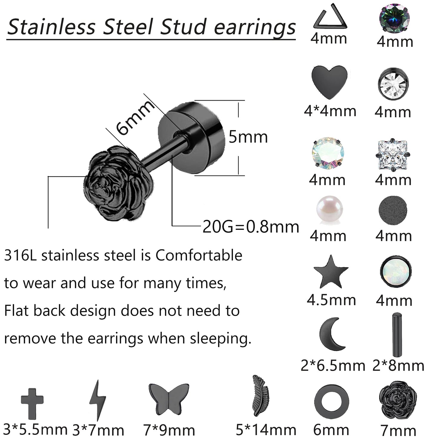 18 Pairs Stainless Steel Stud Earrings Set for Women Men Star Moon flower Heart Leaf Opal 20G Cartilage Earrings Hypoallergenic Flatback Earrings Piercing Jewelry