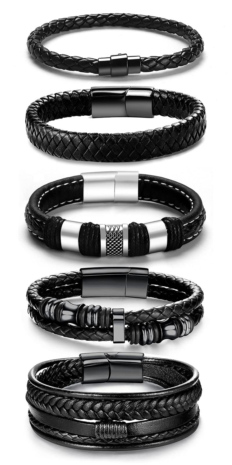 Black Leather Bracelets for Men Women 5pcs Mens Bracelet Leather and Steel Braided Cuff Bracelets