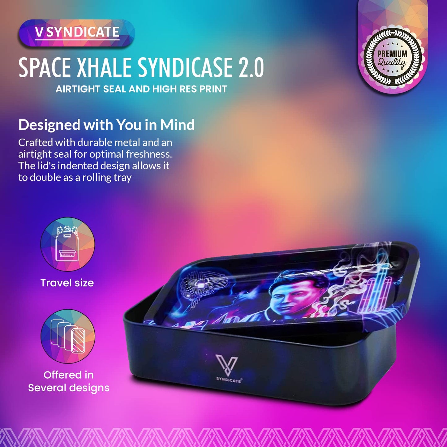 V. Syndicate 5" x 2.8" x 1.5" Mini Metal Storage Box with Lid - Airtight Lid to Avoid Moisture - Flex Your Style with 360 Print of Original Interactive Artwork on All Sides (Syndicase 2.0, Dank Diva)