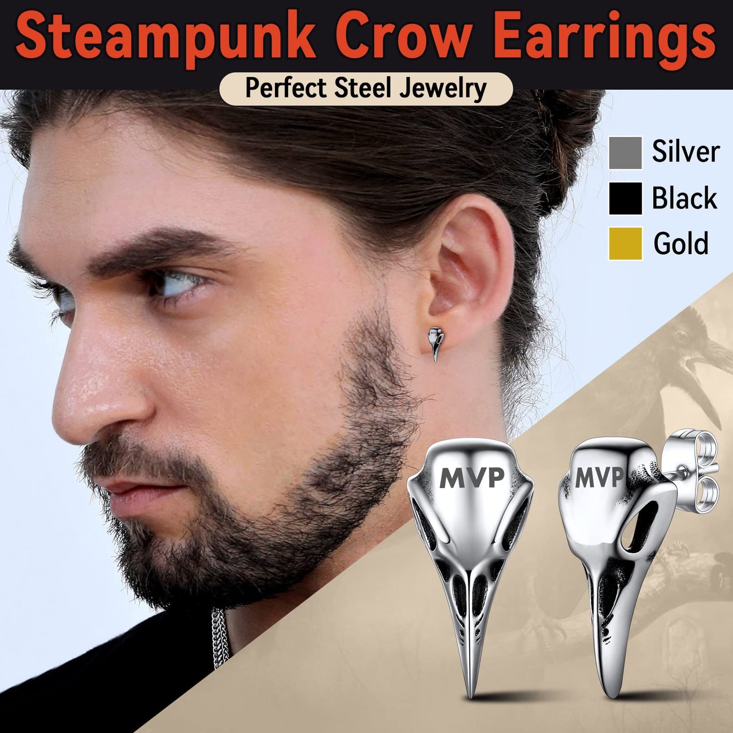 FaithHeart Raven Stud Earrings for Women Men, Stainless Steel Punk Gothic Norse Viking Crow Ear Studs with Delicate Gift Packaging