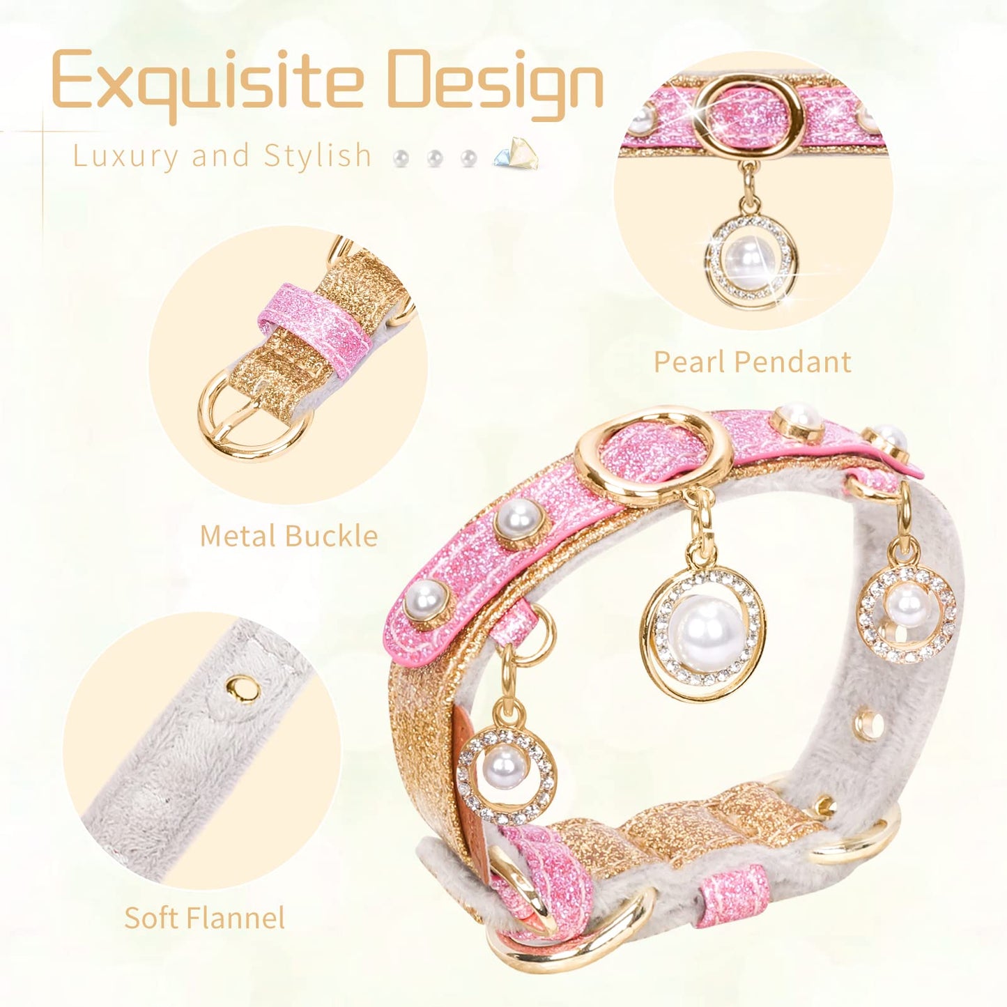 PetsHome Cat Collar, Dog Collar, Bling PU Leather Adjustable Pet Collar with Cute Pearls and Luxury Pendant for Cat and Small Dog Small Gold