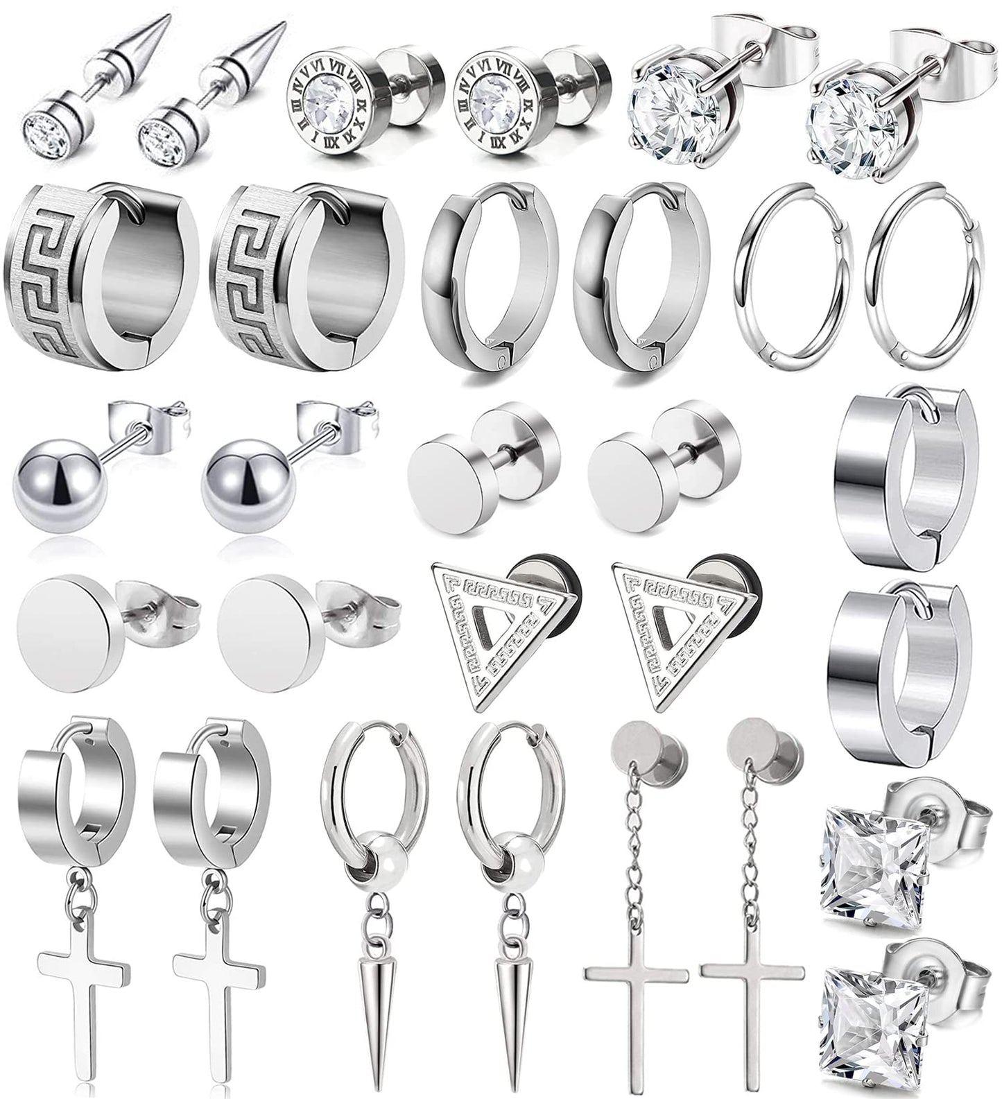 15 Pairs Earrings for Men, Stainless Steel Earrings Kit for Men and Women Fashion Piercing Jewelry Cross Dangle Hoop Earrings Set