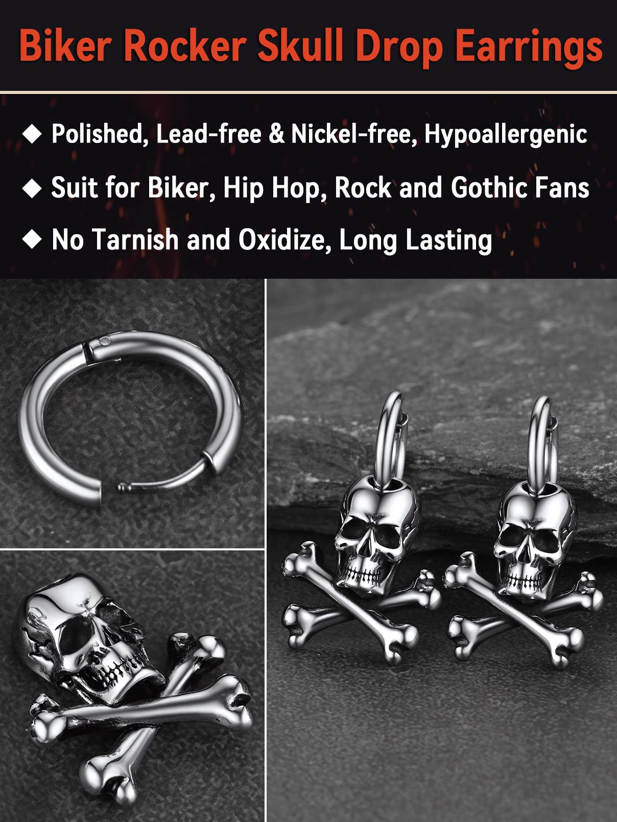 FaithHeart Punk Skull Earrings Stainless Steel/18K Gold Plated Gothic Skeleton Stud/Hoop Earrings for Women Man with Gift Packaging