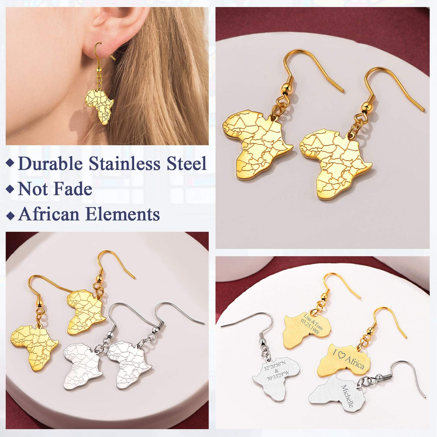 FaithHeart African Map Shaped Drop Earrings Stainless Steel/18K Gold Plated Statement Africa Jewelry Ear Charms for Women Teen Girls