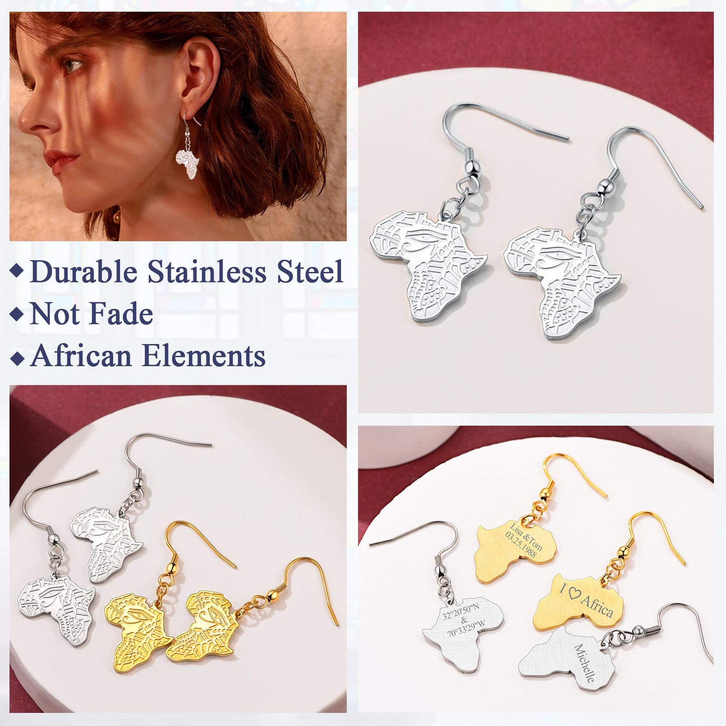 FaithHeart African Map Shaped Drop Earrings Stainless Steel/18K Gold Plated Statement Africa Jewelry Ear Charms for Women Teen Girls