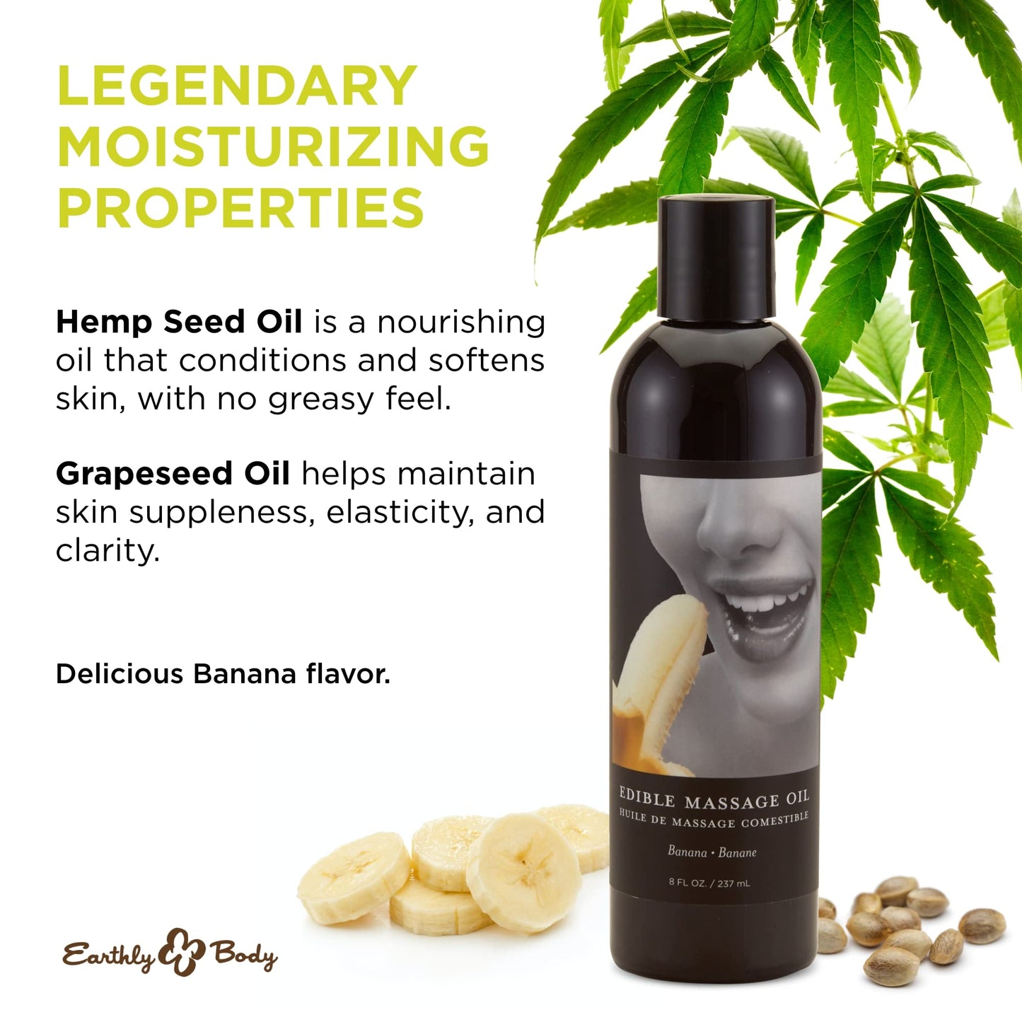 Earthly Body Edible Massage Oil - Hemp Seed, Almond, Grapeseed, Apricot & Vitamin E Oil - Vegan & Cruelty Free