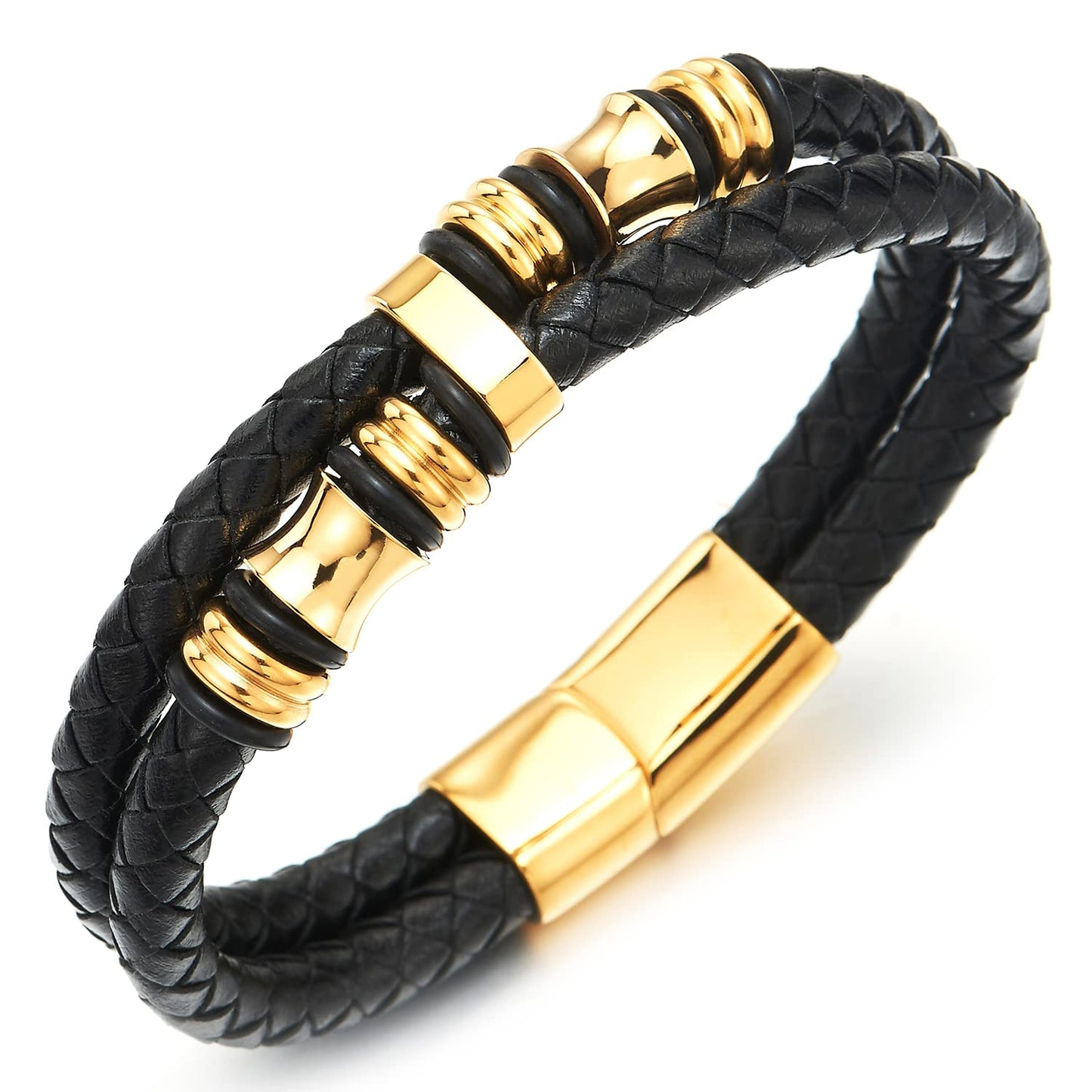 COOLSTEELANDBEYOND Mens Double-Row Braided Leather Bracelet Bangle Wristband with Stainless Steel Ornaments