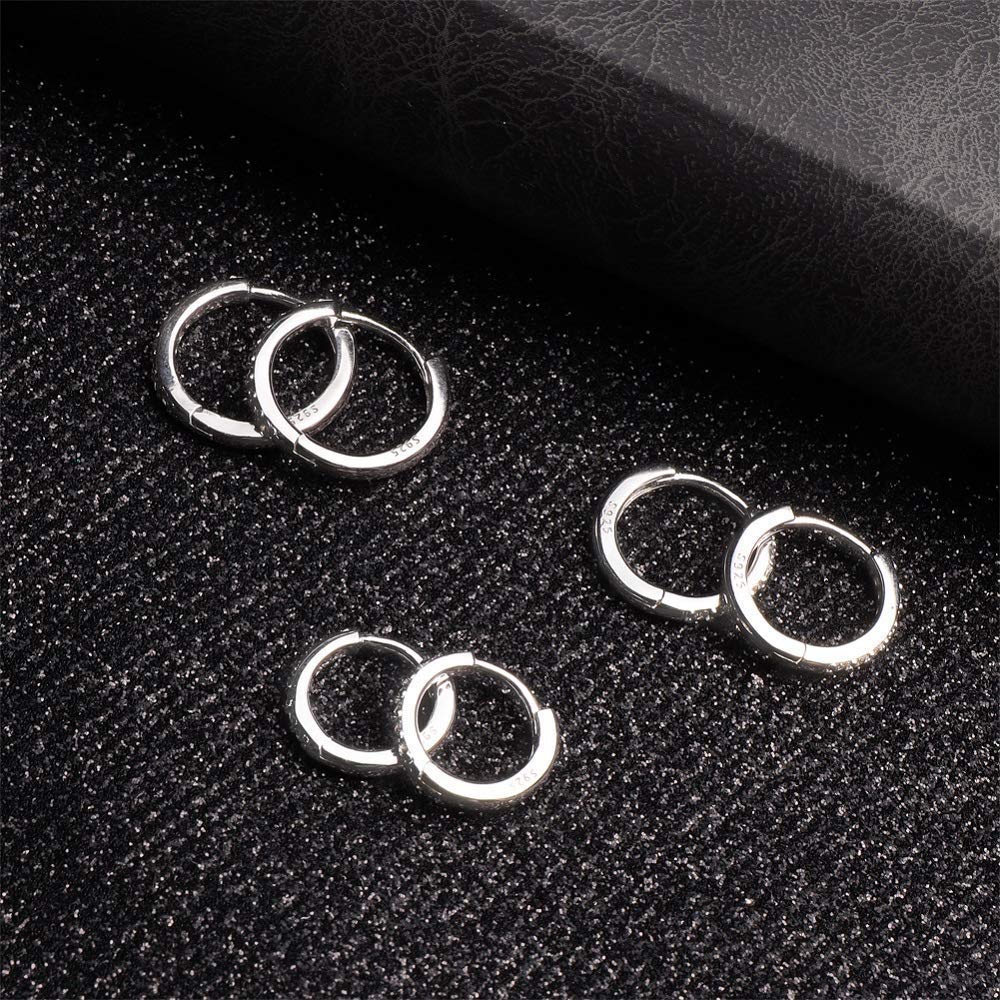 925 Sterling Silver Small Hoop Earrings Cubic Zirconia Huggie Hoop Earrings, 3 Pairs 14K White Gold Plated Cartilage Piercing Earrings Ear Cuff Tiny Hoop Earrings for Women Men