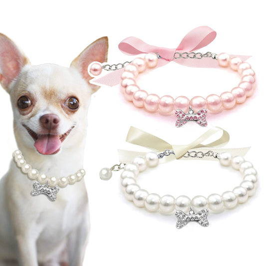 2 Pcs Dog Cat Pearl Collar Necklace with Rhinestone Bone, Fancy Cat Wedding Collar Jewelry for Girl Cat Puppy Dogs Accessories(Pink+White)