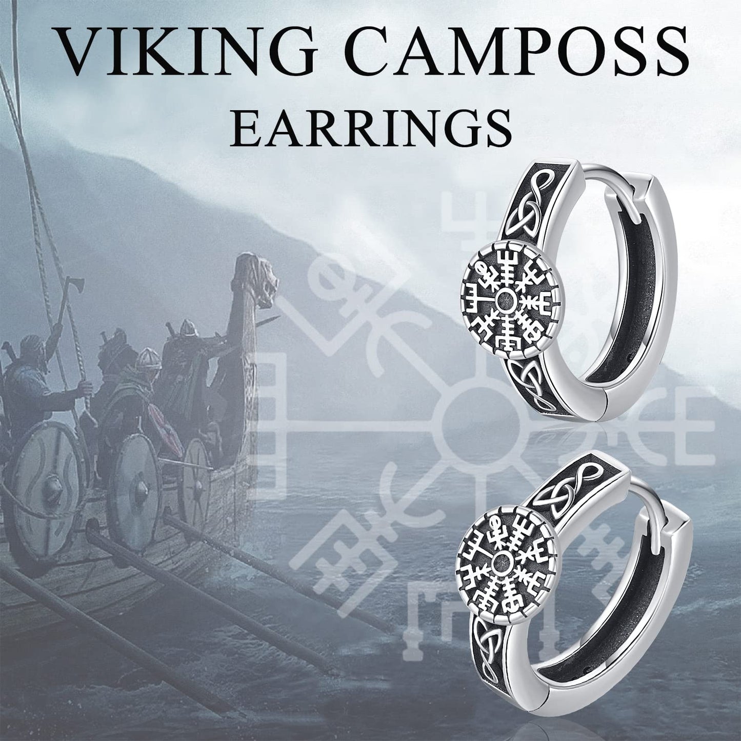 Odinstone Viking Earrings for Men Women, Norse Viking Hoop Earrings Rune Hollow-Carved Design 925 Sterling Silver Huggie Hoops Earrings Jewelry Gift