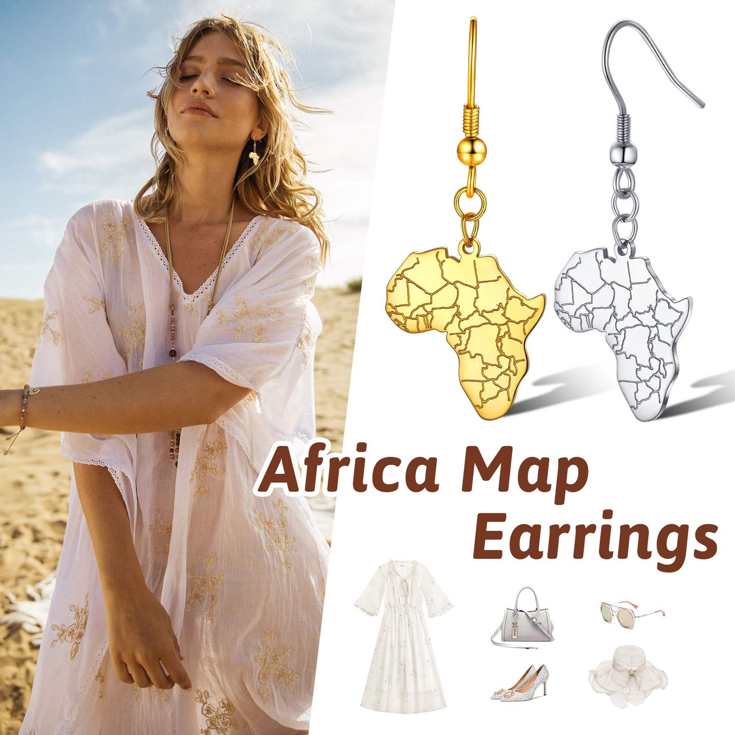 FaithHeart African Map Shaped Drop Earrings Stainless Steel/18K Gold Plated Statement Africa Jewelry Ear Charms for Women Teen Girls