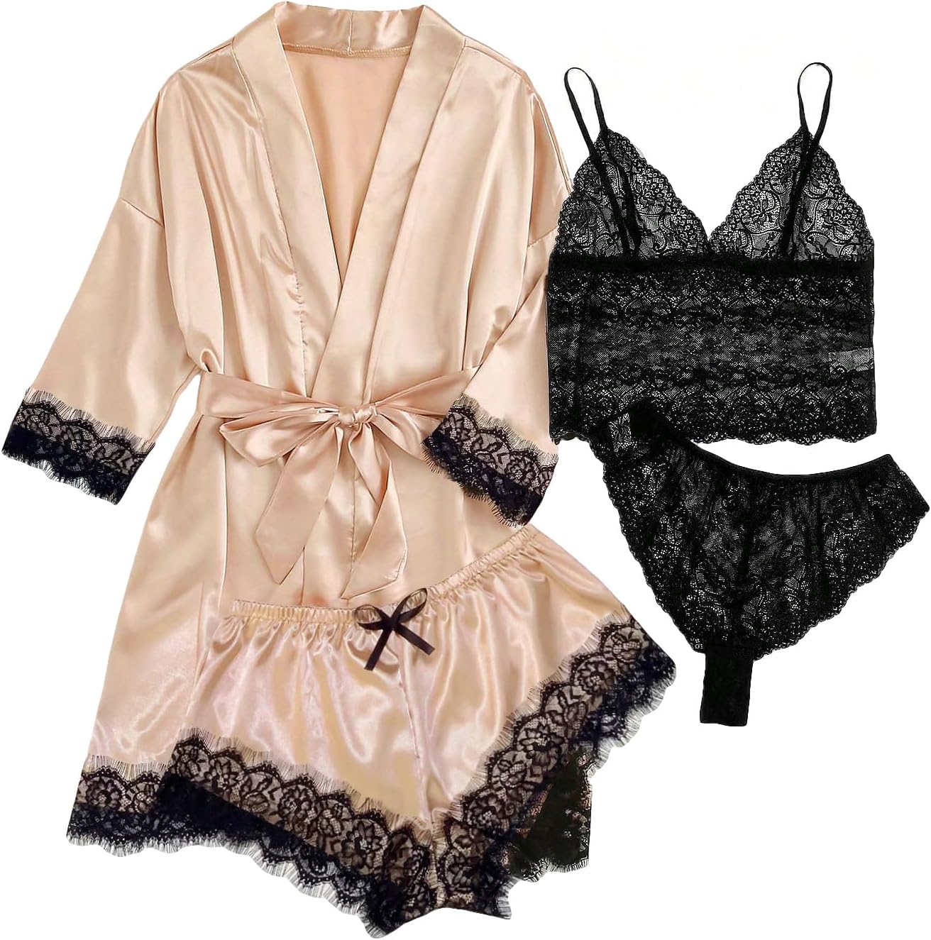 WDIRARA Women' Silk Satin Pajamas Set 4pcs Lingerie Floral Lace Cami Sleepwear with Robe