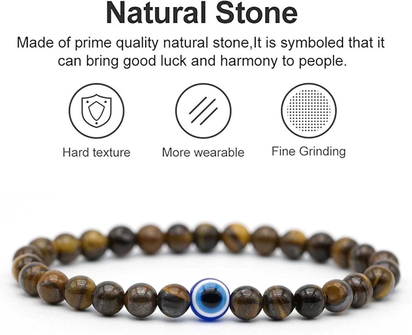 Natural Stone Agate Elastic Evil Eye Bracelet Kit with Charms Adjustable for Men Boyfriend for Gift Boys Stretch Bracelet for son Gifts 6mm