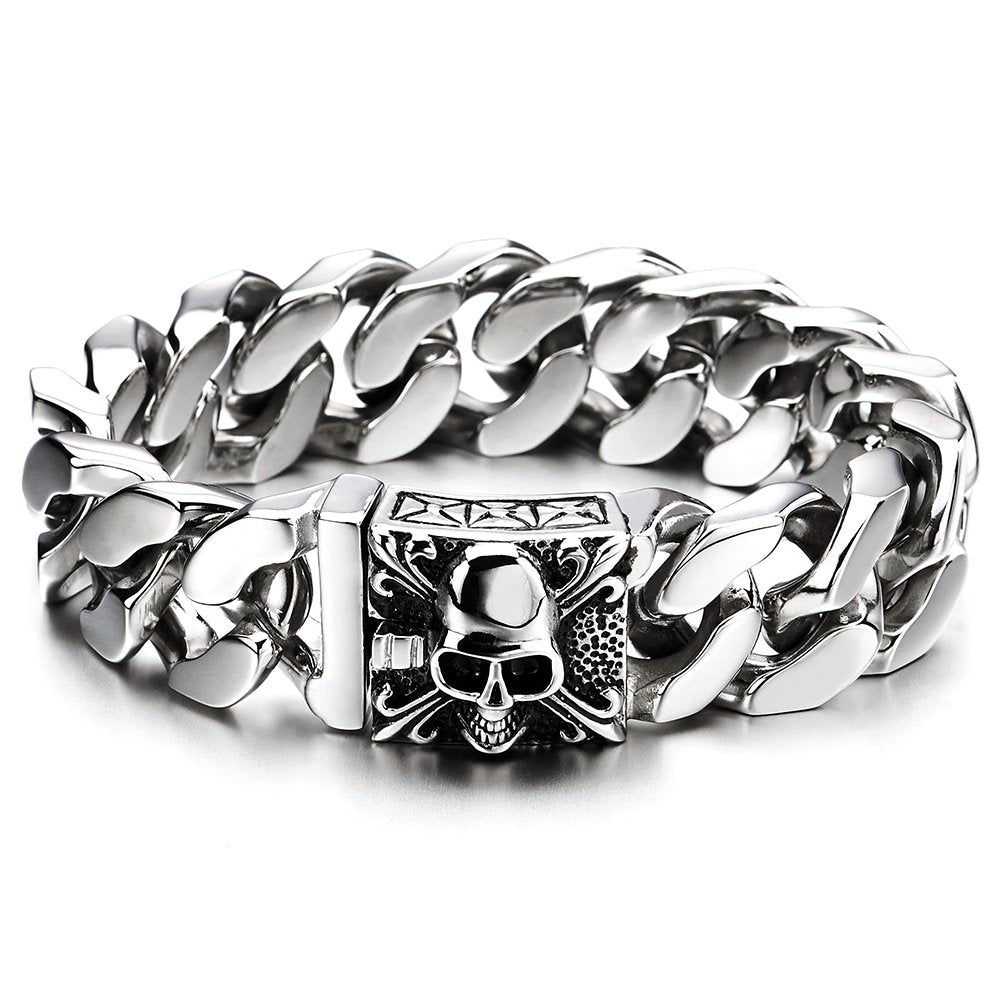 COOLSTEELANDBEYOND Mens Large Vintage Brushed Finishing Steel Curb Chain Bracelet with Fleur De Lis and Skull