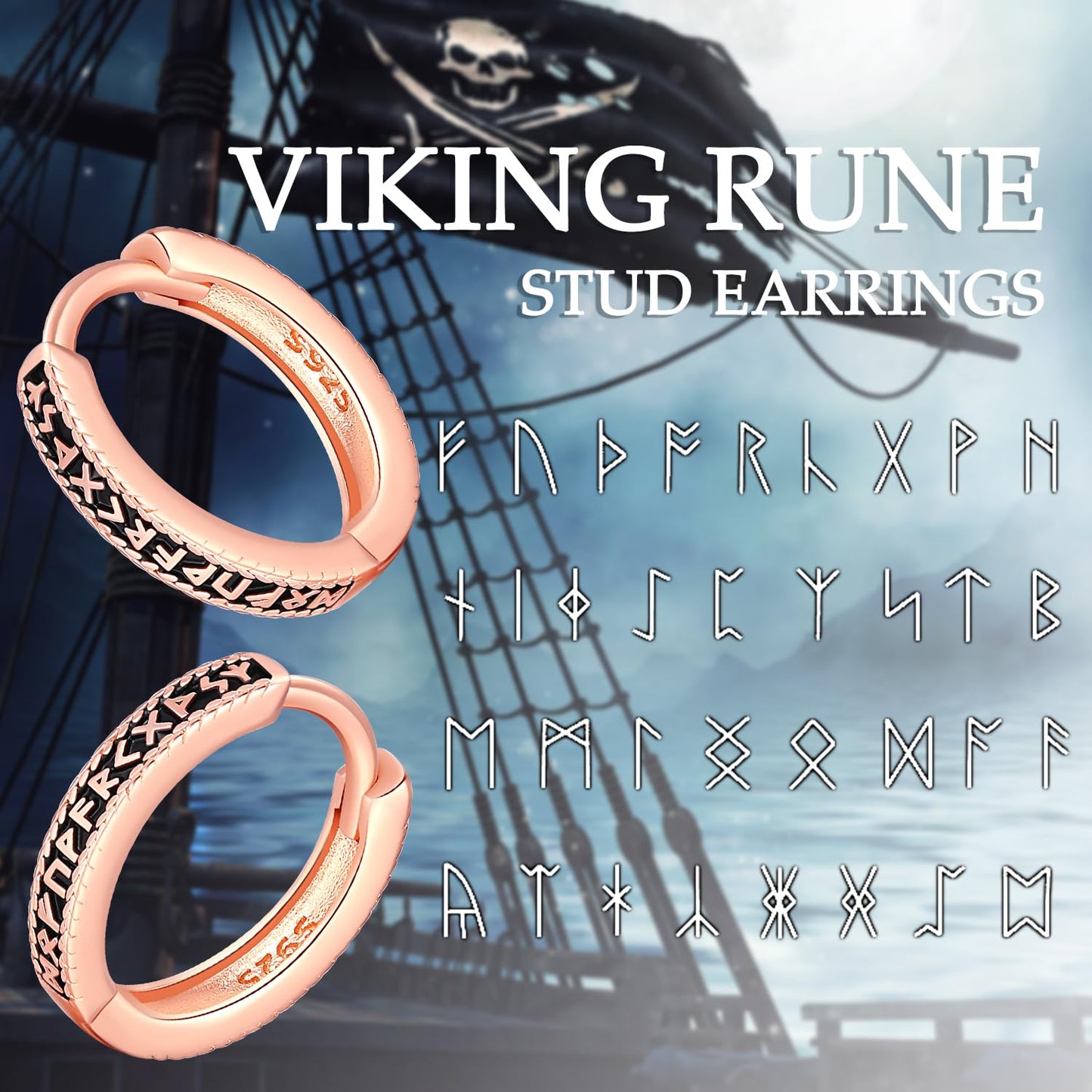 Odinstone Viking Earrings for Men Women, Norse Viking Hoop Earrings Rune Hollow-Carved Design 925 Sterling Silver Huggie Hoops Earrings Jewelry Gift