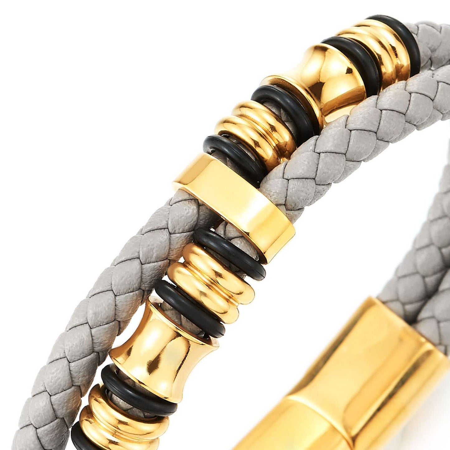 COOLSTEELANDBEYOND Mens Double-Row Braided Leather Bracelet Bangle Wristband with Stainless Steel Ornaments