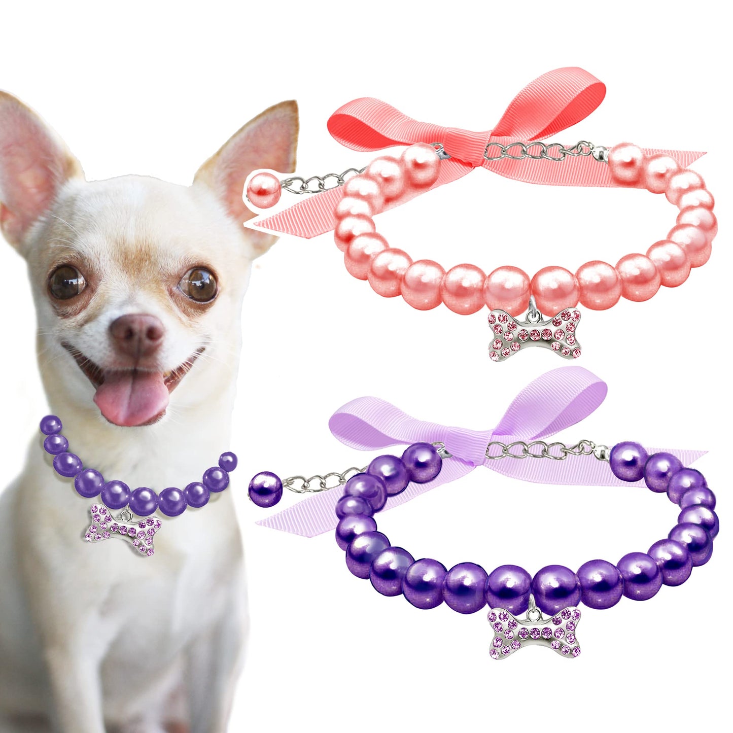 2 Pcs Dog Cat Pearl Collar Necklace with Rhinestone Bone, Fancy Cat Wedding Collar Jewelry for Girl Cat Puppy Dogs Accessories(Pink+White)