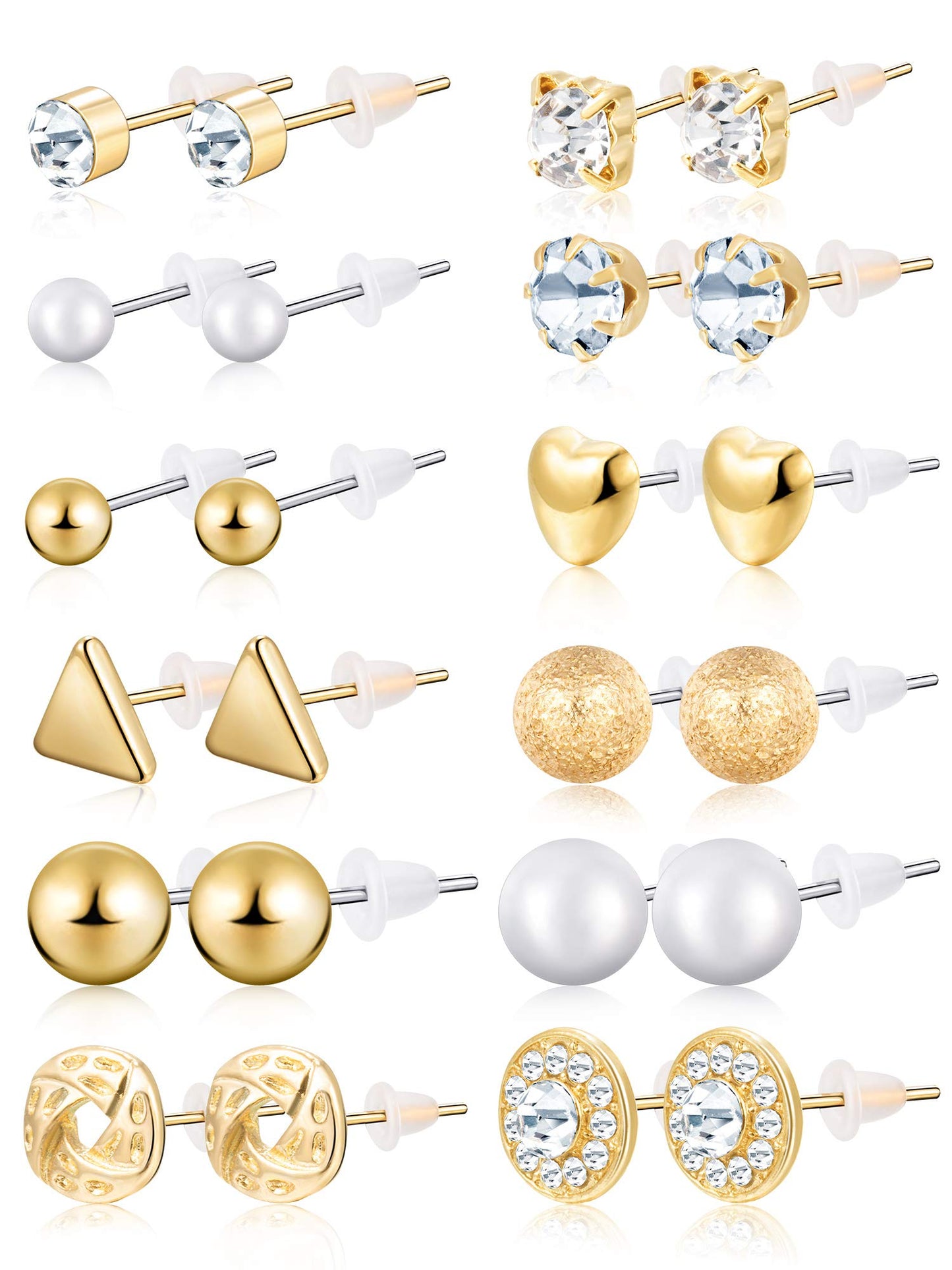 BBTO 24 Pairs Stud Earrings Crystal Pearl Earring Set Ear Stud Jewelry for Girls Women Men, Silver and Gold