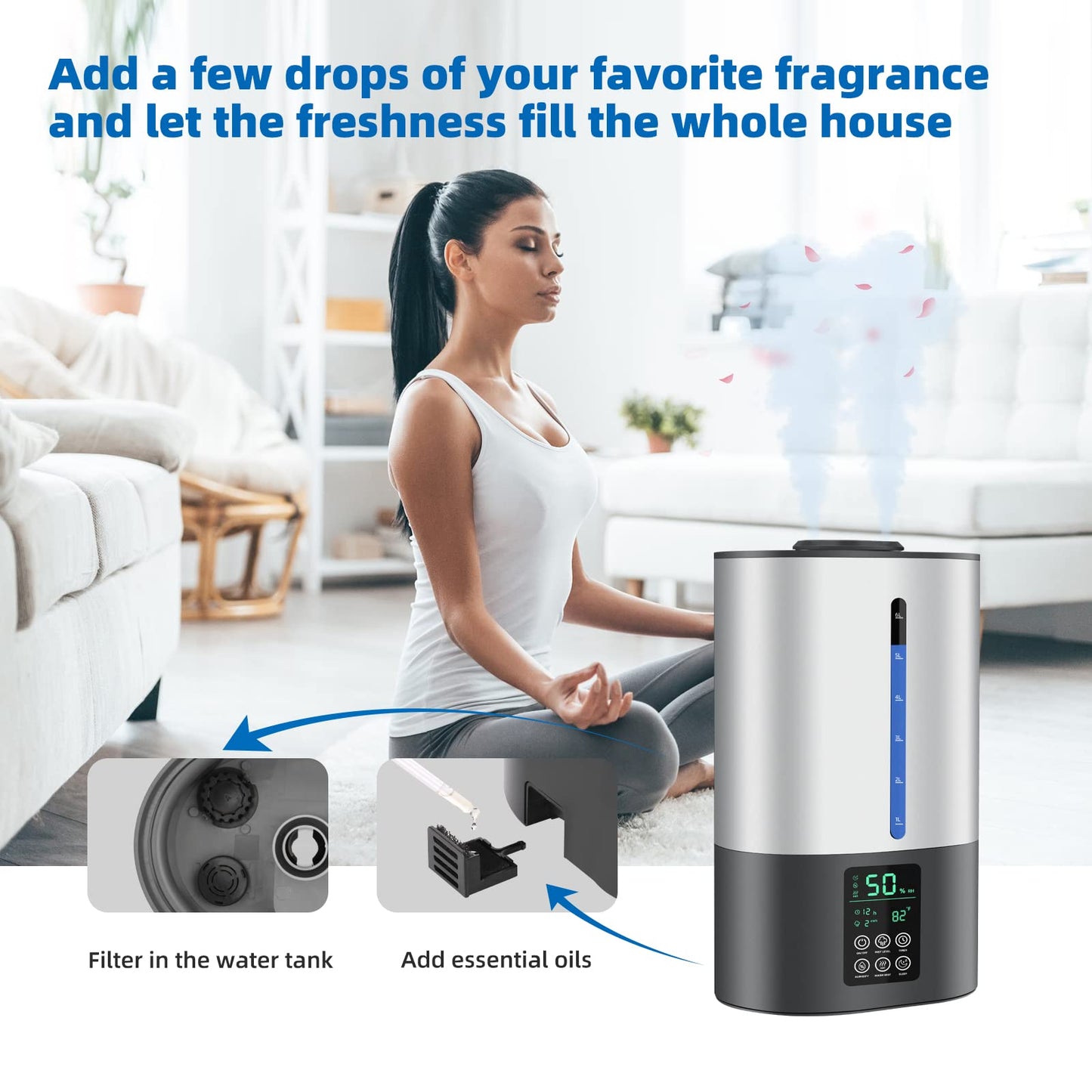 6L Humidifiers for Bedroom Large Room Home, Cool and Warm for Baby and Plants Mist Top Fill Desk Humidifiers Essential Oil Diffuser, Quiet with Adjustable Mist,360°Nozzle-Black