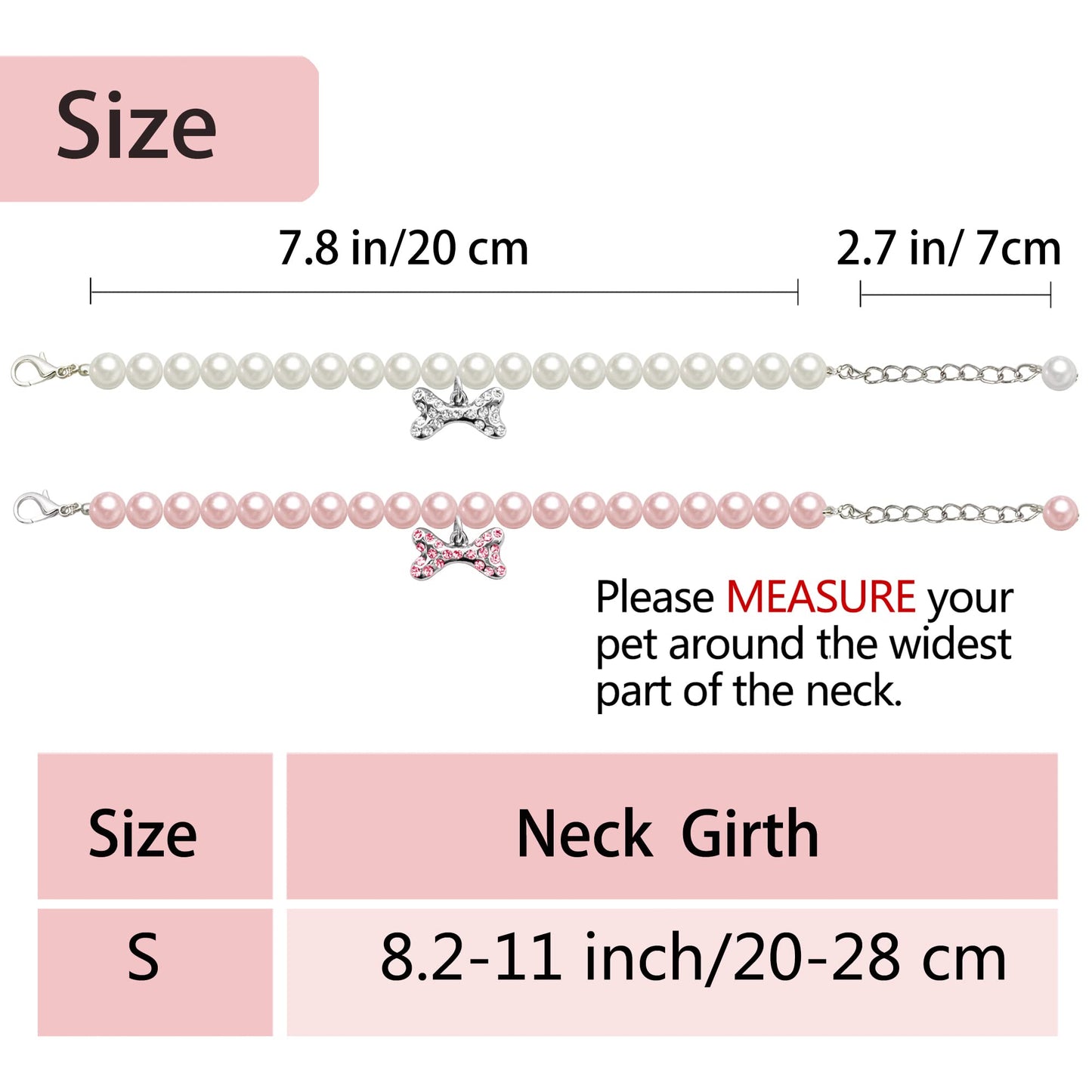 2 Pcs Dog Cat Pearl Collar Necklace with Rhinestone Bone, Fancy Cat Wedding Collar Jewelry for Girl Cat Puppy Dogs Accessories(Pink+White)