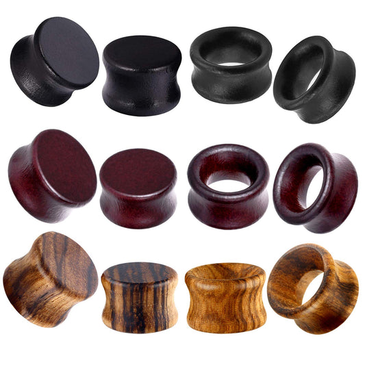 12pcs Vintage Natural Brown Black Wood Organic Ear Tunnel Plugs Stretcher Gauges for Men and Women Hollow Solid Wooden Gauges For Ear