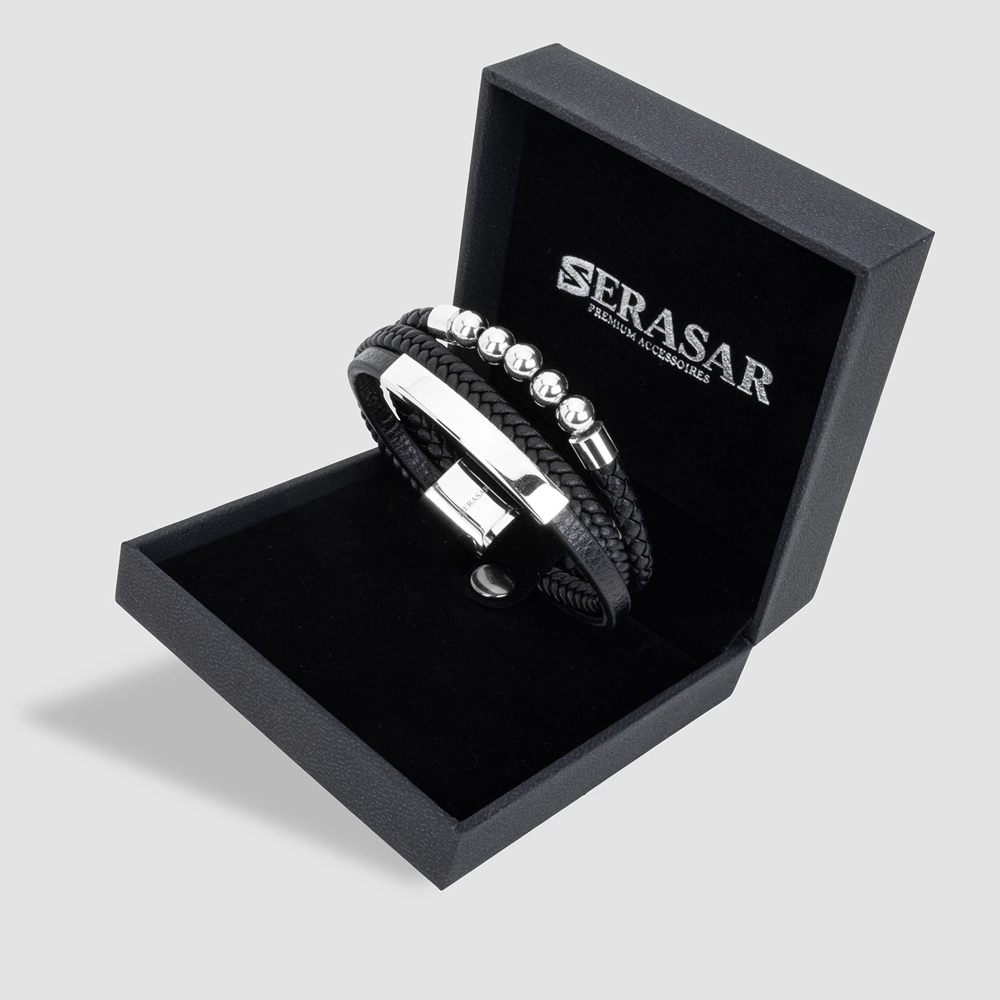 SERASAR Premium Leather Bracelet Men | Stainless Steel Magnetic Clasp | Three Colors | Jewelry Box Included