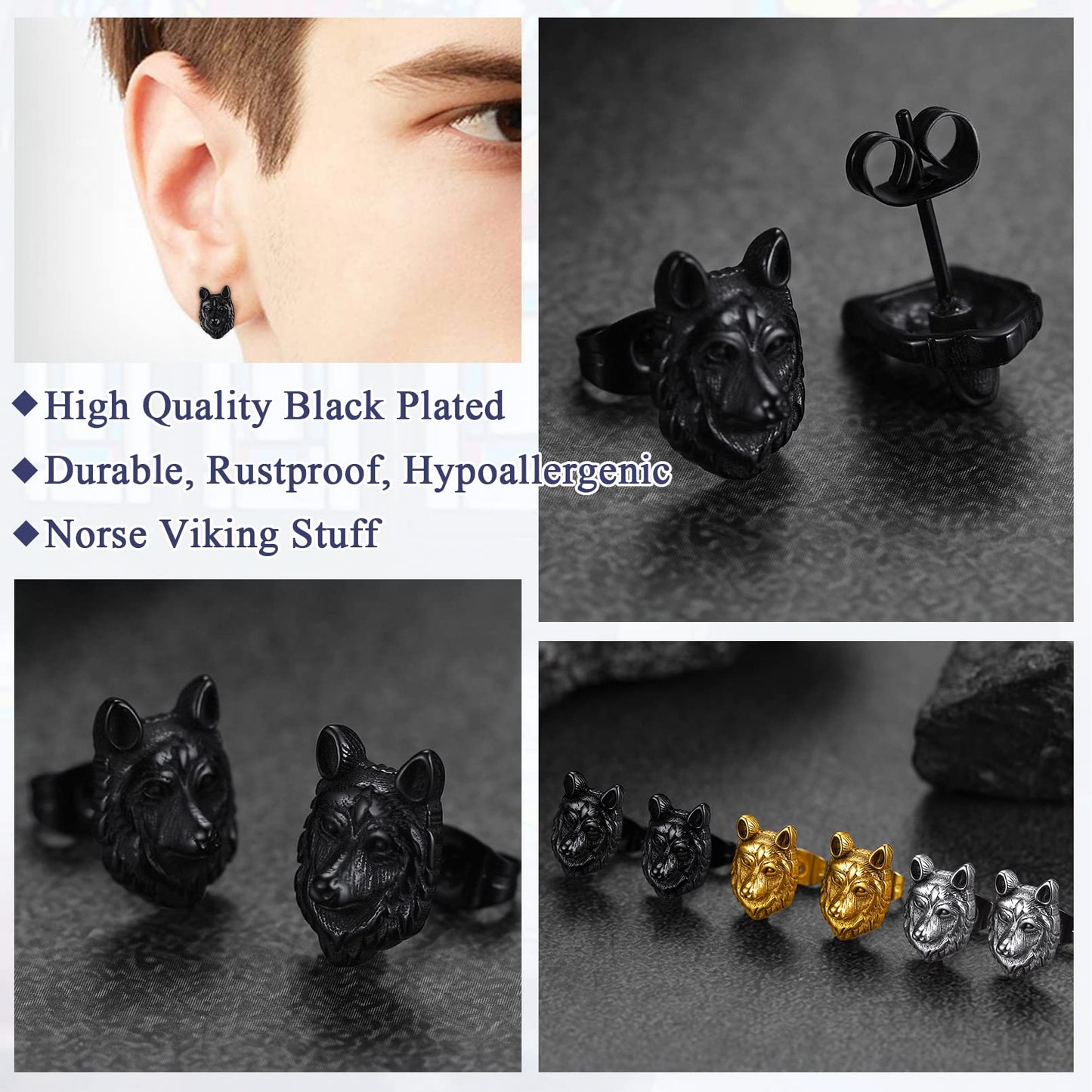 FaithHeart Norse Viking Jewelry Sterling Silver/Stainless Steel Stud Earrings Celtic Wolf/Thors Hammer Studs for Women Men