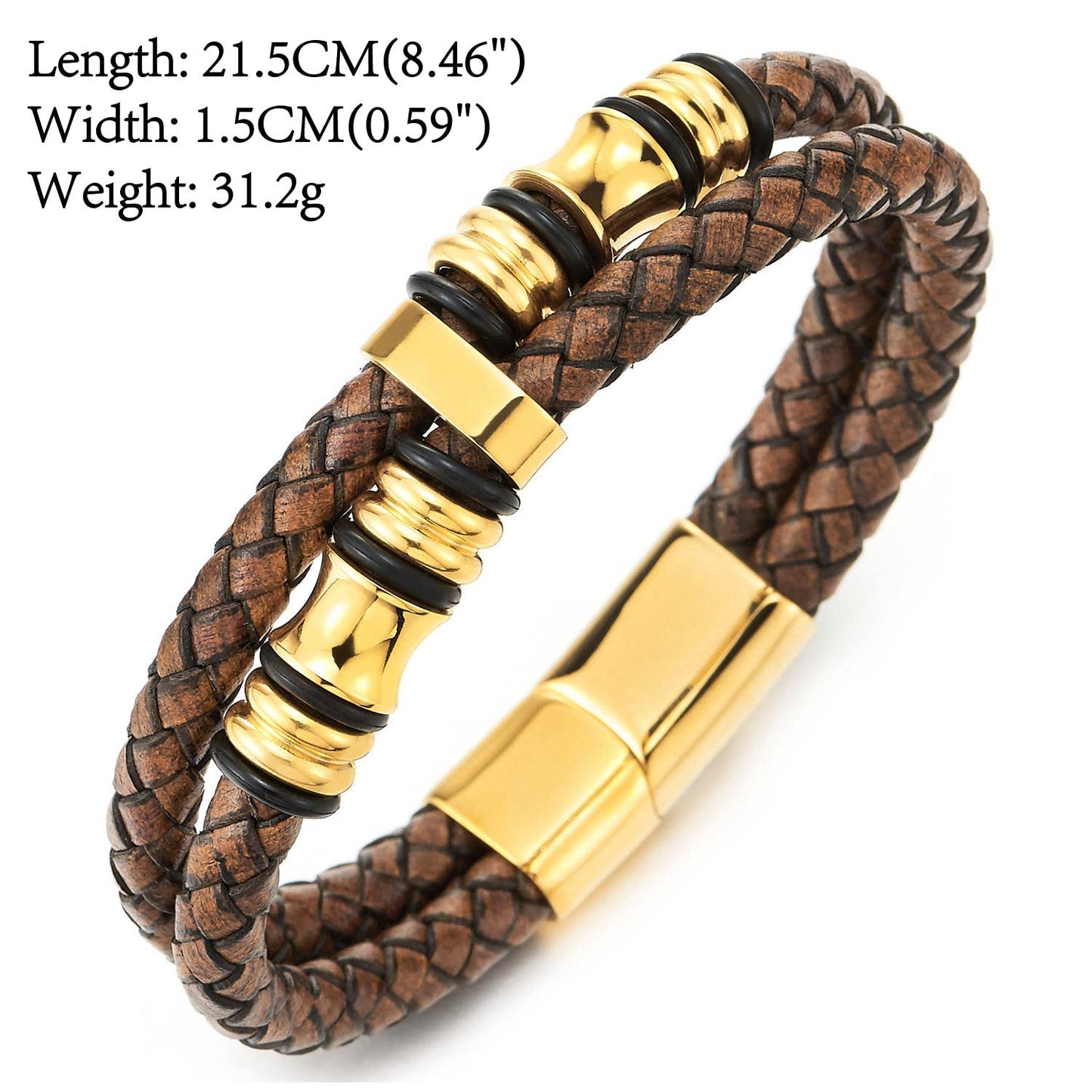 COOLSTEELANDBEYOND Mens Double-Row Braided Leather Bracelet Bangle Wristband with Stainless Steel Ornaments