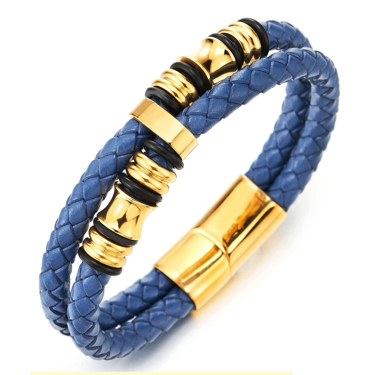 COOLSTEELANDBEYOND Mens Double-Row Braided Leather Bracelet Bangle Wristband with Stainless Steel Ornaments