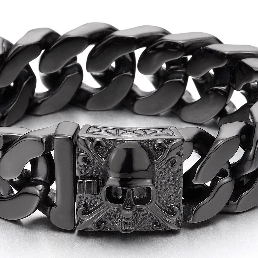 COOLSTEELANDBEYOND Mens Large Vintage Brushed Finishing Steel Curb Chain Bracelet with Fleur De Lis and Skull