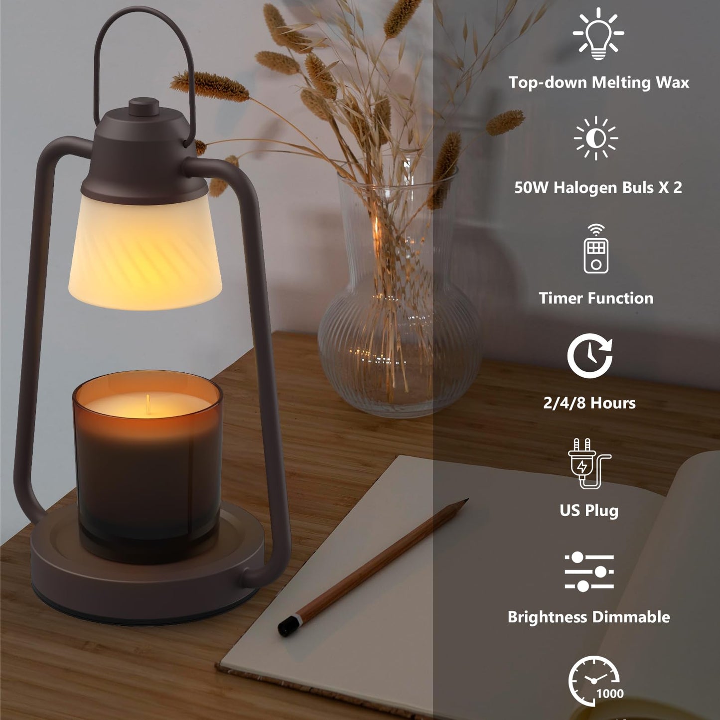 MAOYUE Candle Warmer Lamp Dimmable Timer: Electric Metal Top Down Light Heat Melting Wax Candles Vintage Fits Large Small Jar Scented Candel Warming Lantern Black