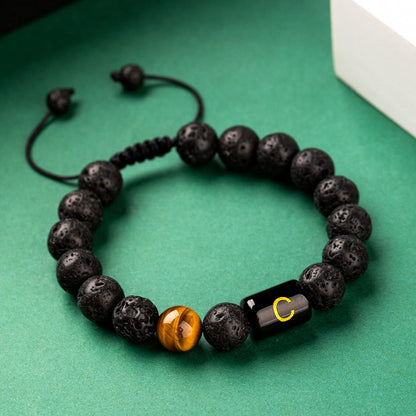 Initials Bracelets for Men Letter Link Handmade Natural Black Onyx Tiger Eye Stone Beads Braided Rope Meaningful Bracelet
