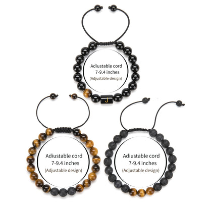 Initials Bracelets for Men Letter Link Handmade Natural Black Onyx Tiger Eye Stone Beads Braided Rope Meaningful Bracelet
