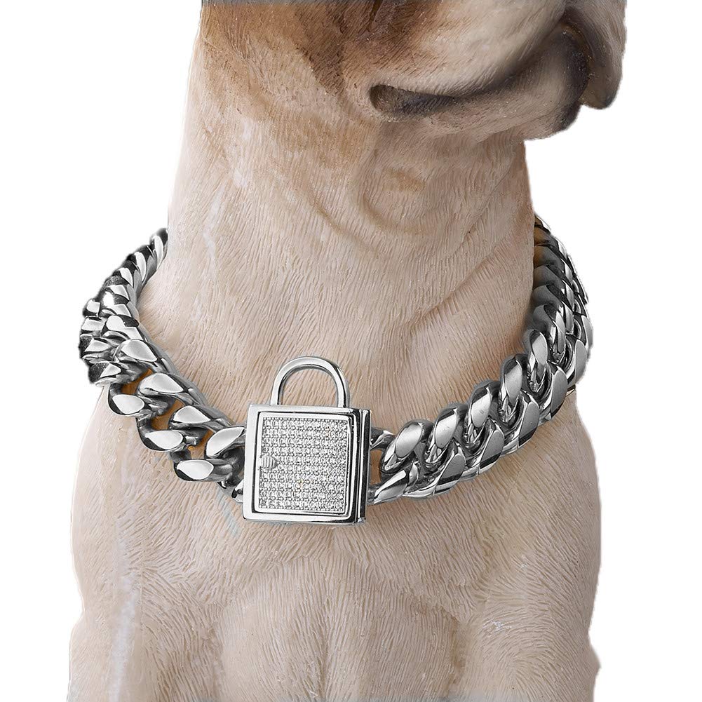 Gold Dog Chain Collar 10mm Wide Cuban Link Puppy Collar 316L Stainless Steel with CZ Diamond Lock Bling Collar for Large Medium Small Dogs(10mm Gold,10inches)