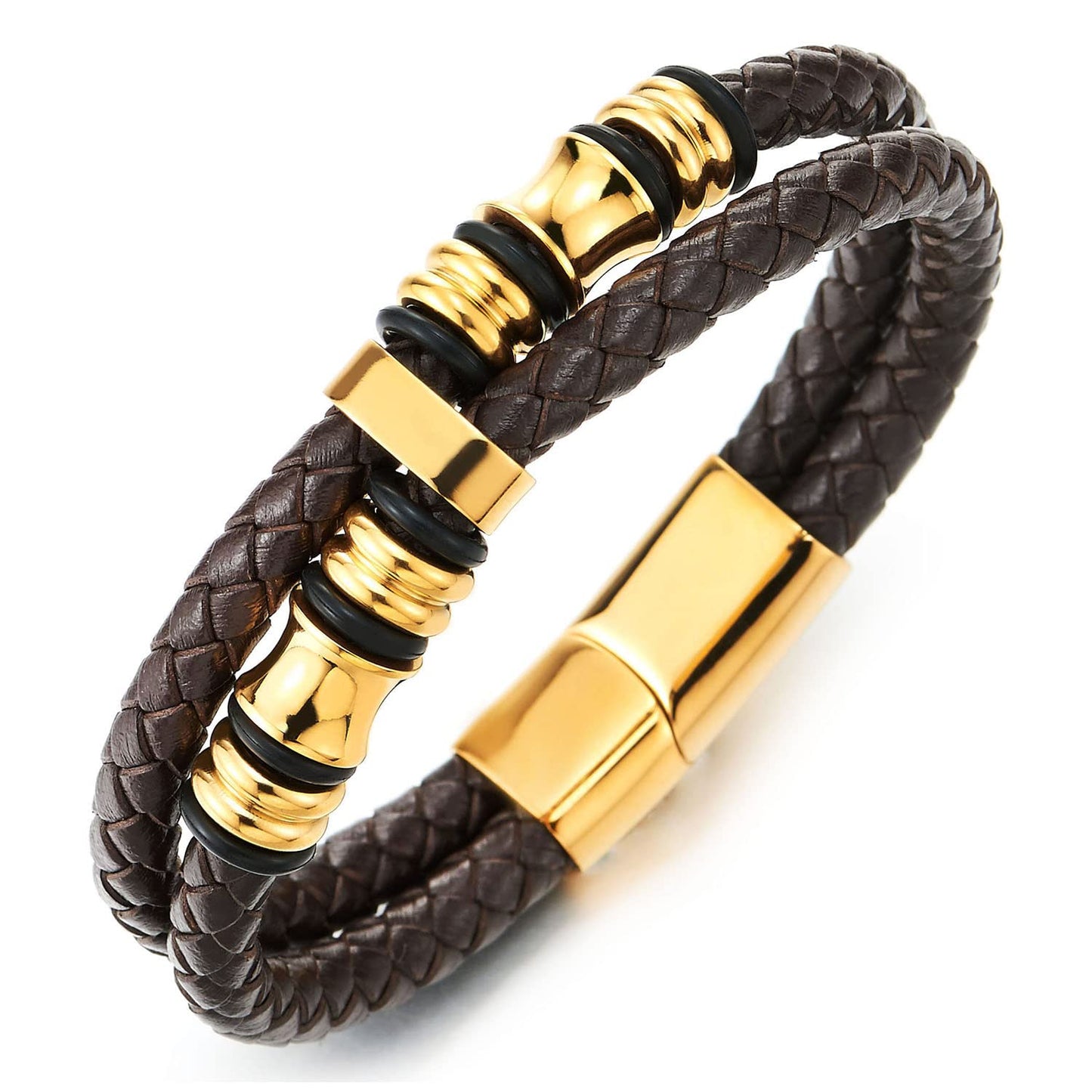 COOLSTEELANDBEYOND Mens Double-Row Braided Leather Bracelet Bangle Wristband with Stainless Steel Ornaments