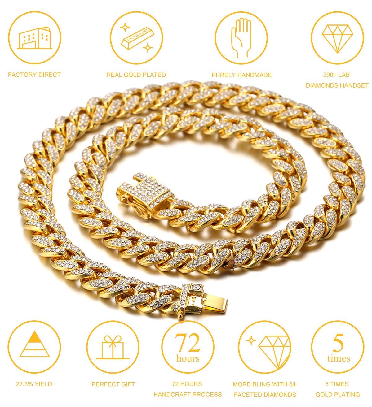 Halukakah Cat Collar - Carat - Iced Out Diamond Cuban Link Gold Chain for Cats & Kittens - Platinum Plated 7" Collar Size - for Decoration Only - Get Your Cat Catwalk Ready