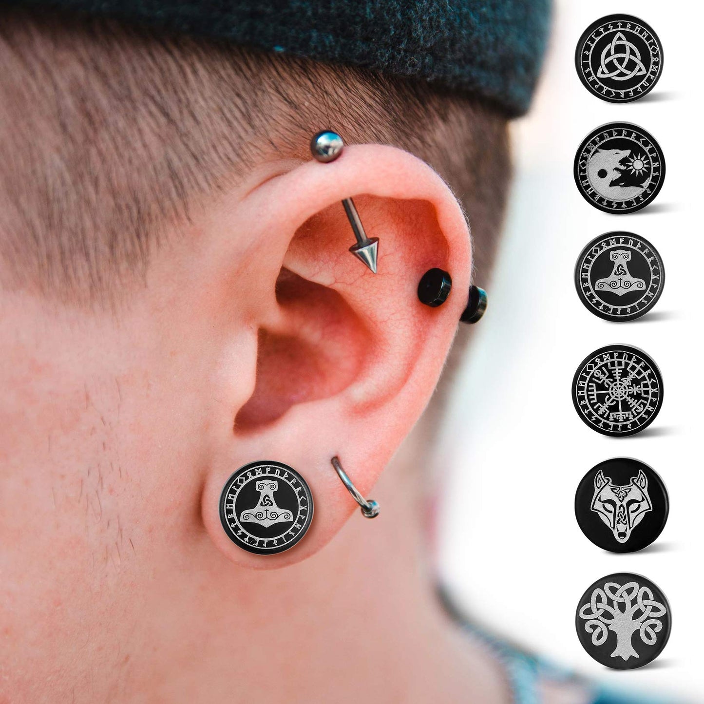 FaithHeart Cool Earrings Set Viking Runes Stuff/Eye of Horus/Cross Black Studs/Hoops Earrings for Men Women with Delicate Packaging