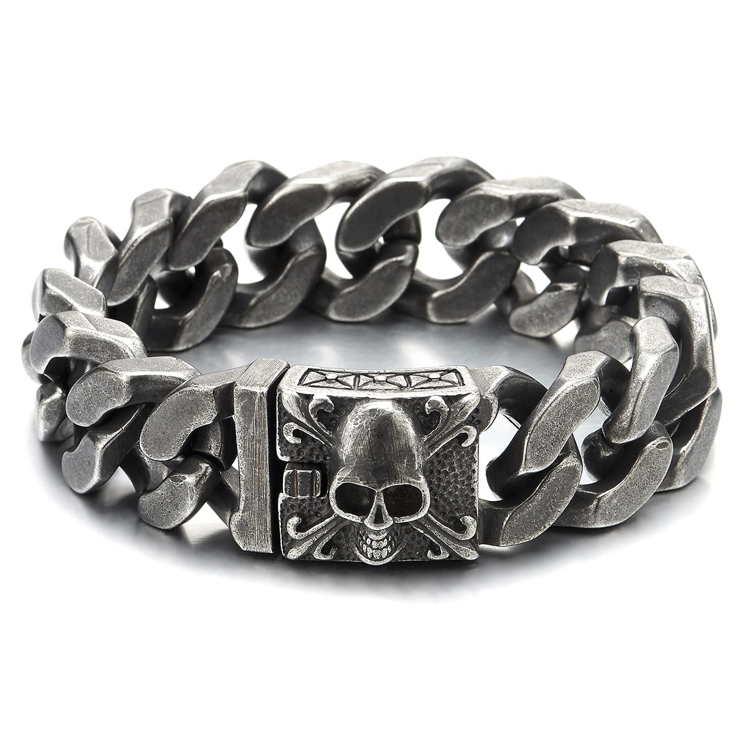 COOLSTEELANDBEYOND Mens Large Vintage Brushed Finishing Steel Curb Chain Bracelet with Fleur De Lis and Skull