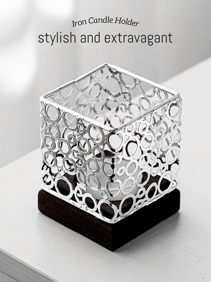 Candle Holder with Iron Shade Wooden Base for Dining Room, Table, Living Room and Wedding Decorations, Fun Gift for Men, Women and Children Sliver